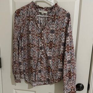 LOFT Women's Blouse with Intricate Red and Blue Pattern